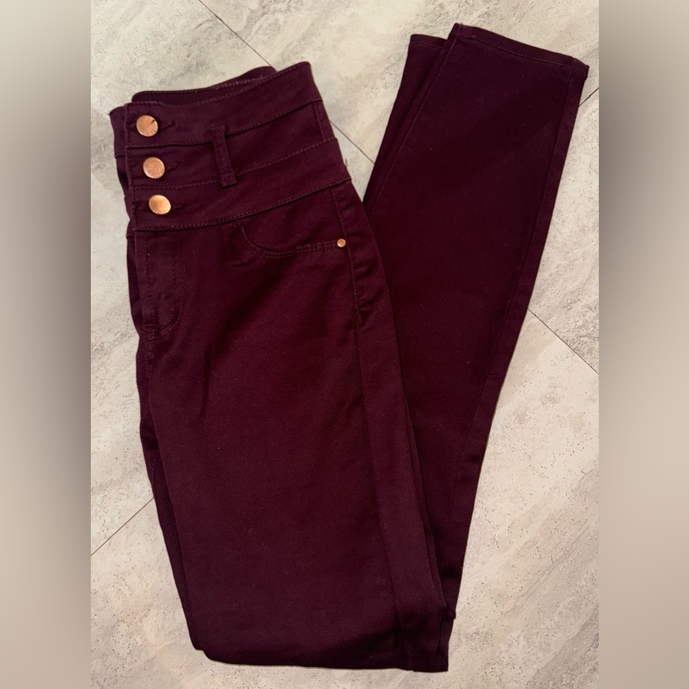 Burgundy High Waisted 3 Button Jeans